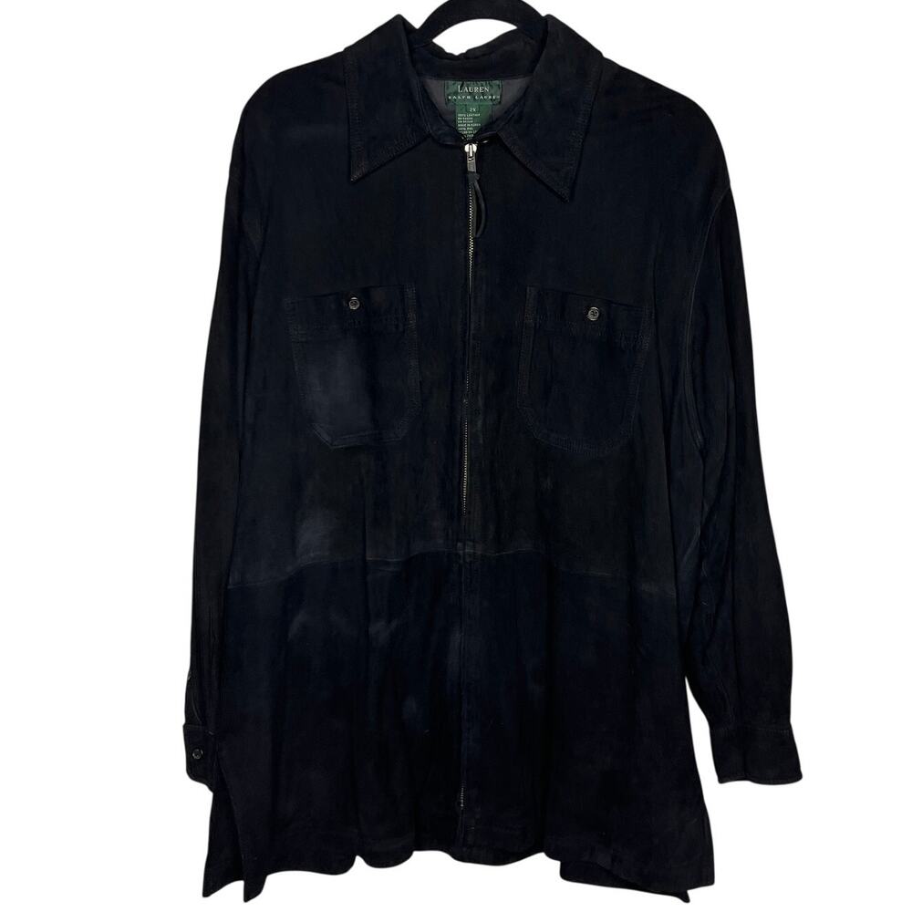 Vintage Ralph Lauren Jacket Womens 2X Plus Black 100% Leather Suede Zip Shacket